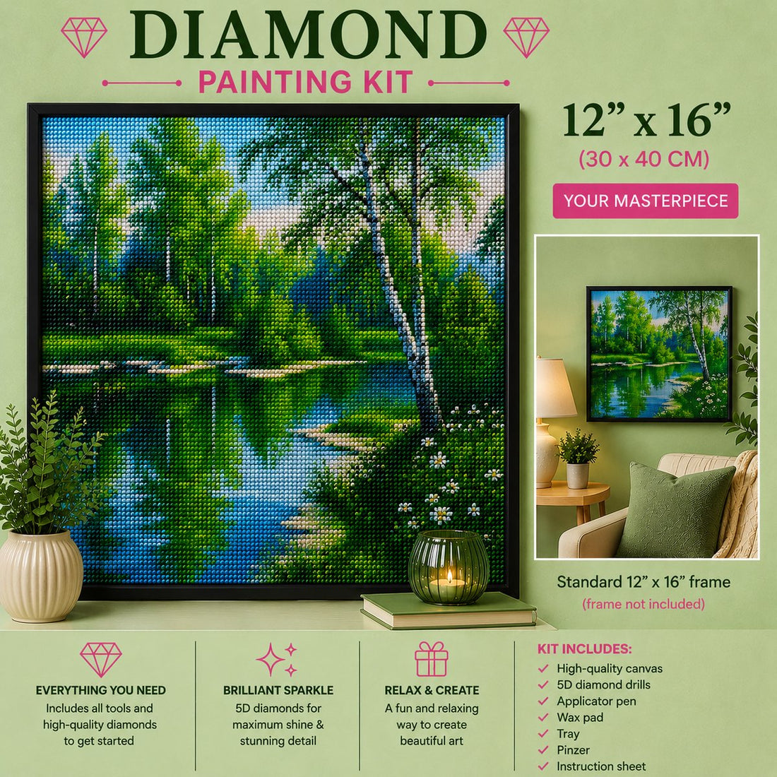 Framed birch forest stream diamond painting displayed in a cozy living room | Azurra Shop