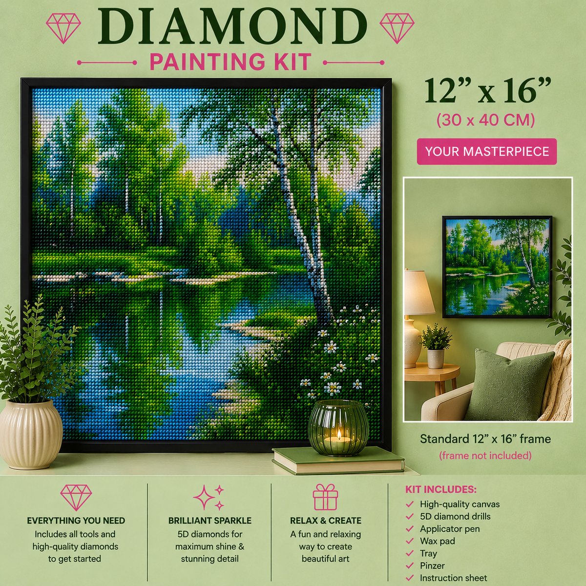 Framed birch forest stream diamond painting displayed in a cozy living room | Azurra Shop