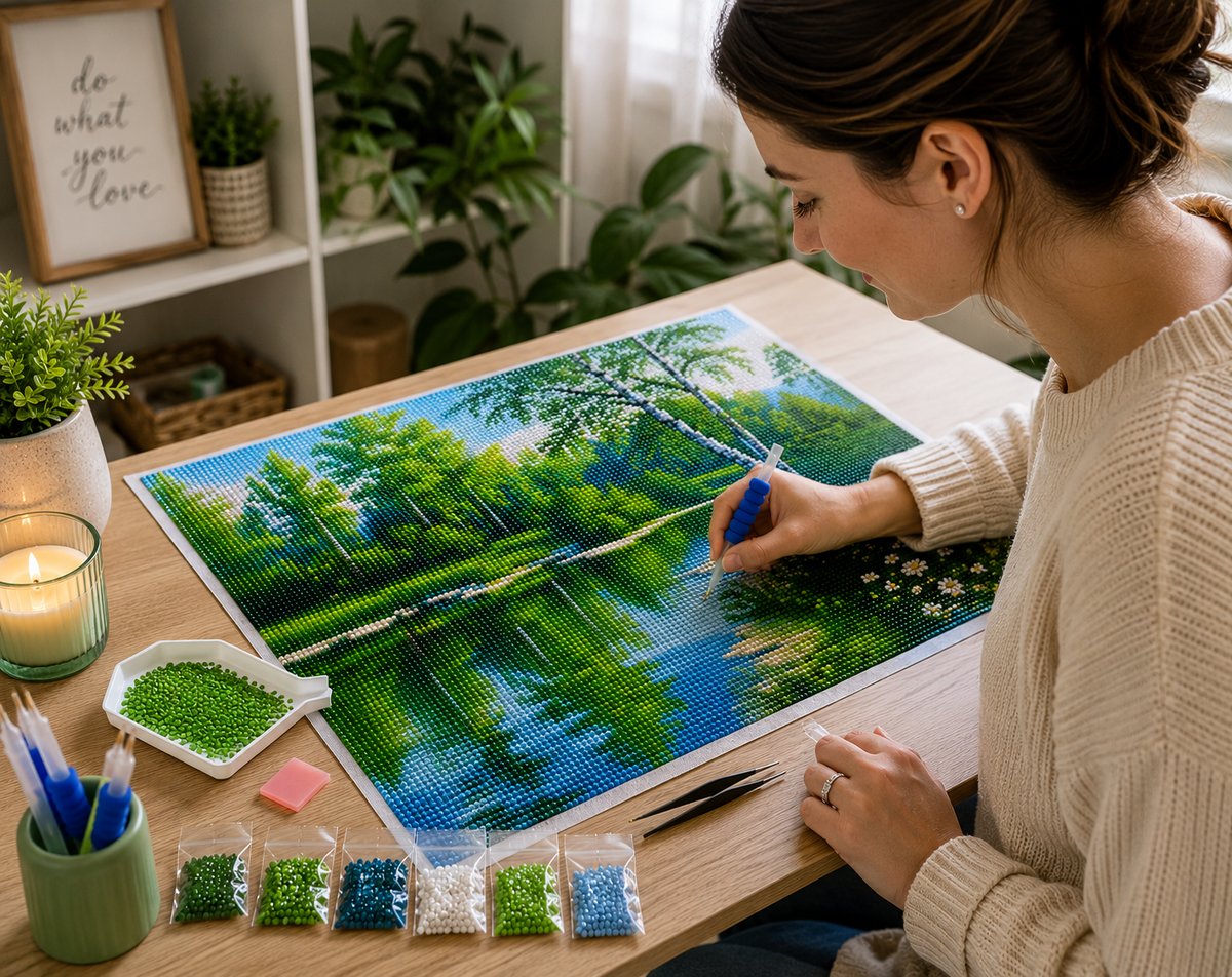 Working on the birch forest stream kit at a cozy desk with drill tools nearby | Azurra Shop