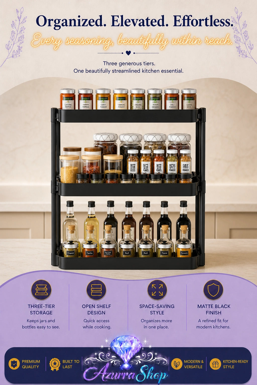 A three-tier black spice rack organizer filled with assorted glass spice bottles and jars, shown against a warm beige kitchen background. The image includes promotional text at the top and a purple feature summary banner at the bottom highlighting storage, open shelf design, space-saving style, and matte black finish.