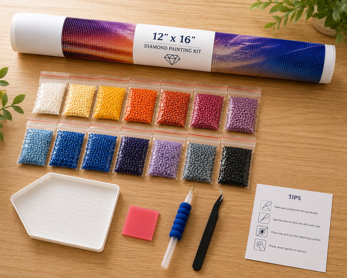 Rolled canvas and supplies for the purple sky ocean sunset kit, including drill packets, applicator pen, and wax pad | Azurra Shop