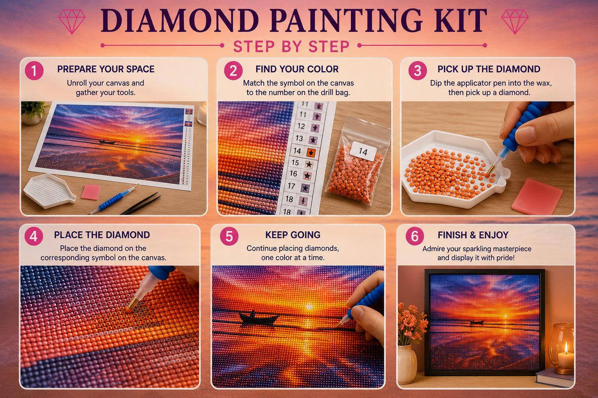 Step by step guide showing how to complete the ocean sunset with a lone boat diamond painting | Azurra Shop