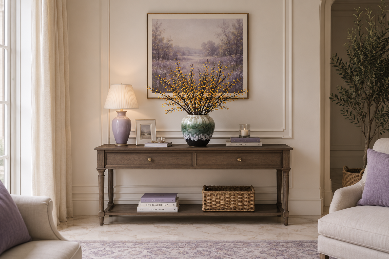 Yellow phoenix tree fruit branch ceramic vase styled on dark wood entryway console with lavender lamp and artwork — Azurra Shop