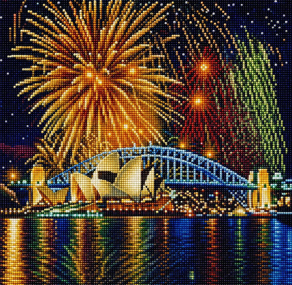 Finished Sydney Opera House and Harbour Bridge diamond painting kit artwork with a colorful fireworks display over the harbour | Azurra Shop