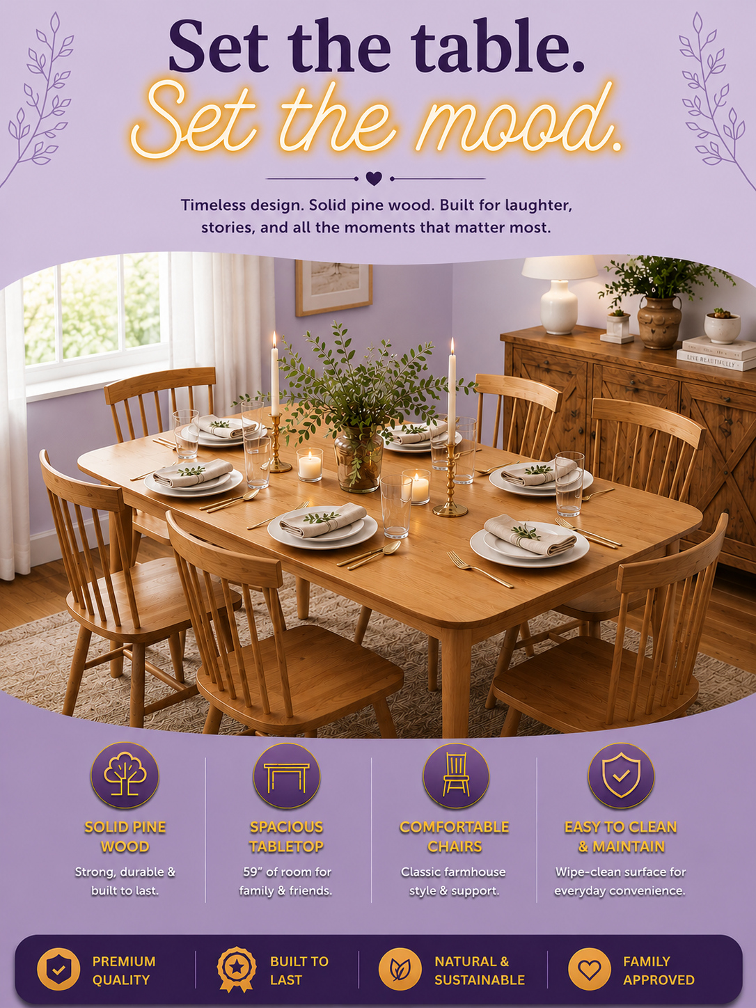 59" Pine Wood Rustic Dining Table for 6