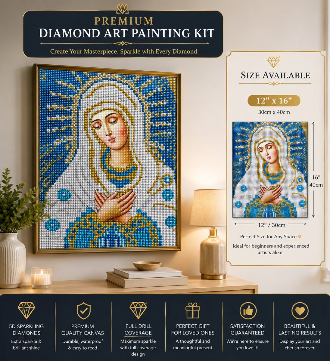 Our Lady of Tenderness diamond painting framed on a wall, shown with the size chart