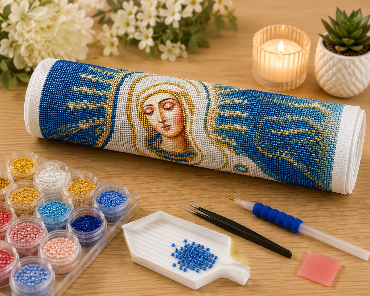 Rolled canvas and full supplies for the Our Lady of Tenderness kit, including drill trays, applicator pen, and tweezers