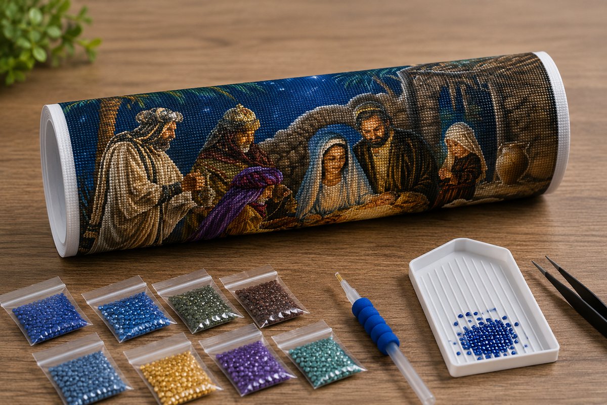 Rolled canvas and full supplies for the nativity kit, including drill trays, applicator pen, and tweezers