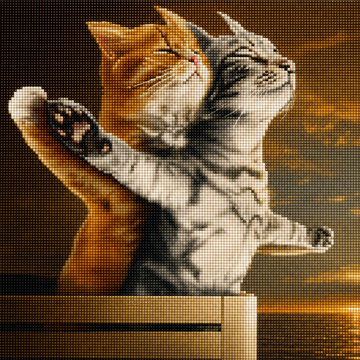 Titanic kittens diamond painting kit – playful orange and grey tabby cats in a dramatic Titanic-style pose, warm golden tones, full drill 5D DIY cat wall art — Azurra Shop