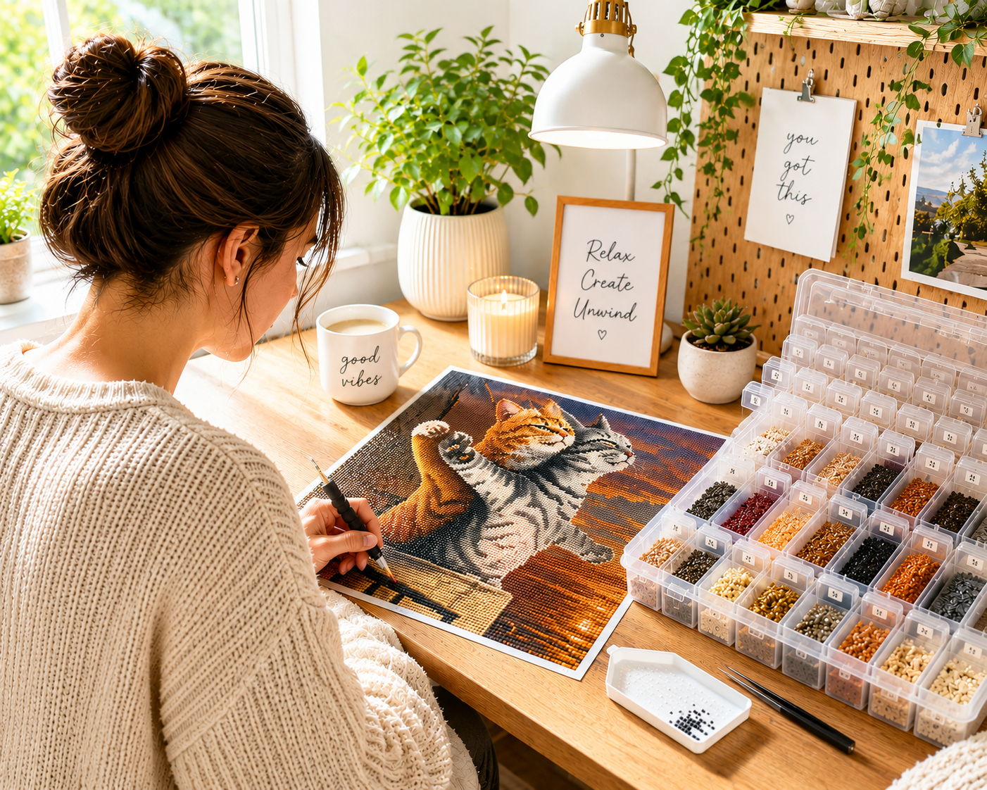 Woman creating Titanic kittens diamond painting kit at cozy craft desk with sorted diamond drills, applicator pen and warm natural light — Azurra Shop