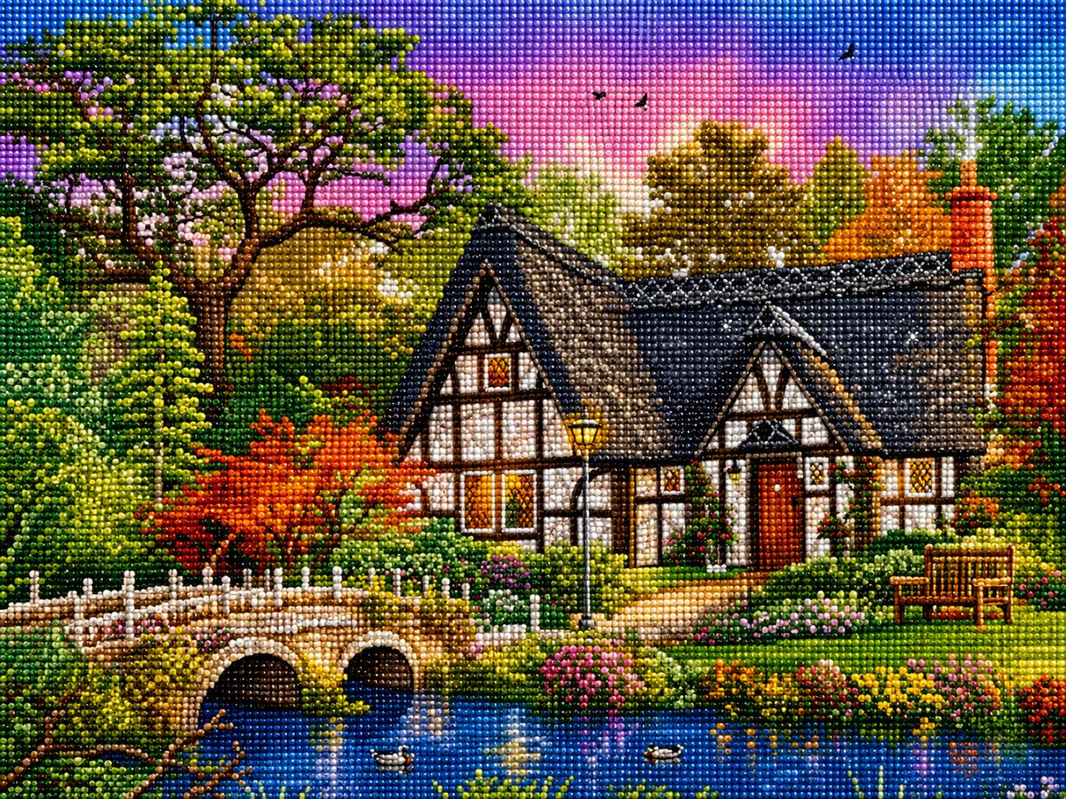 Close up of the finished Tudor cottage at autumn sunset diamond painting | Azurra Shop