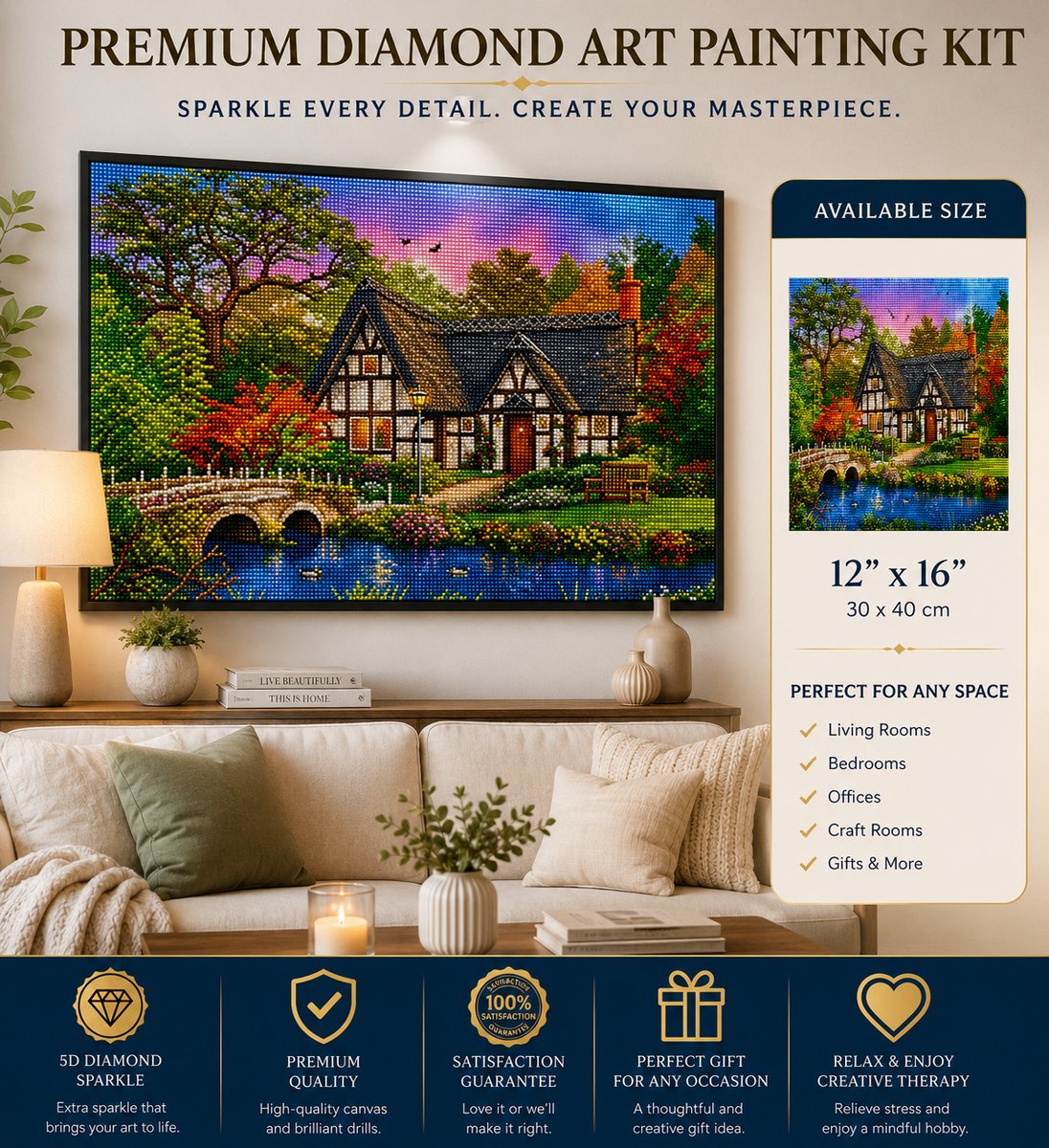 Framed Tudor cottage diamond painting displayed above a cream sofa in a warm living room | Azurra Shop