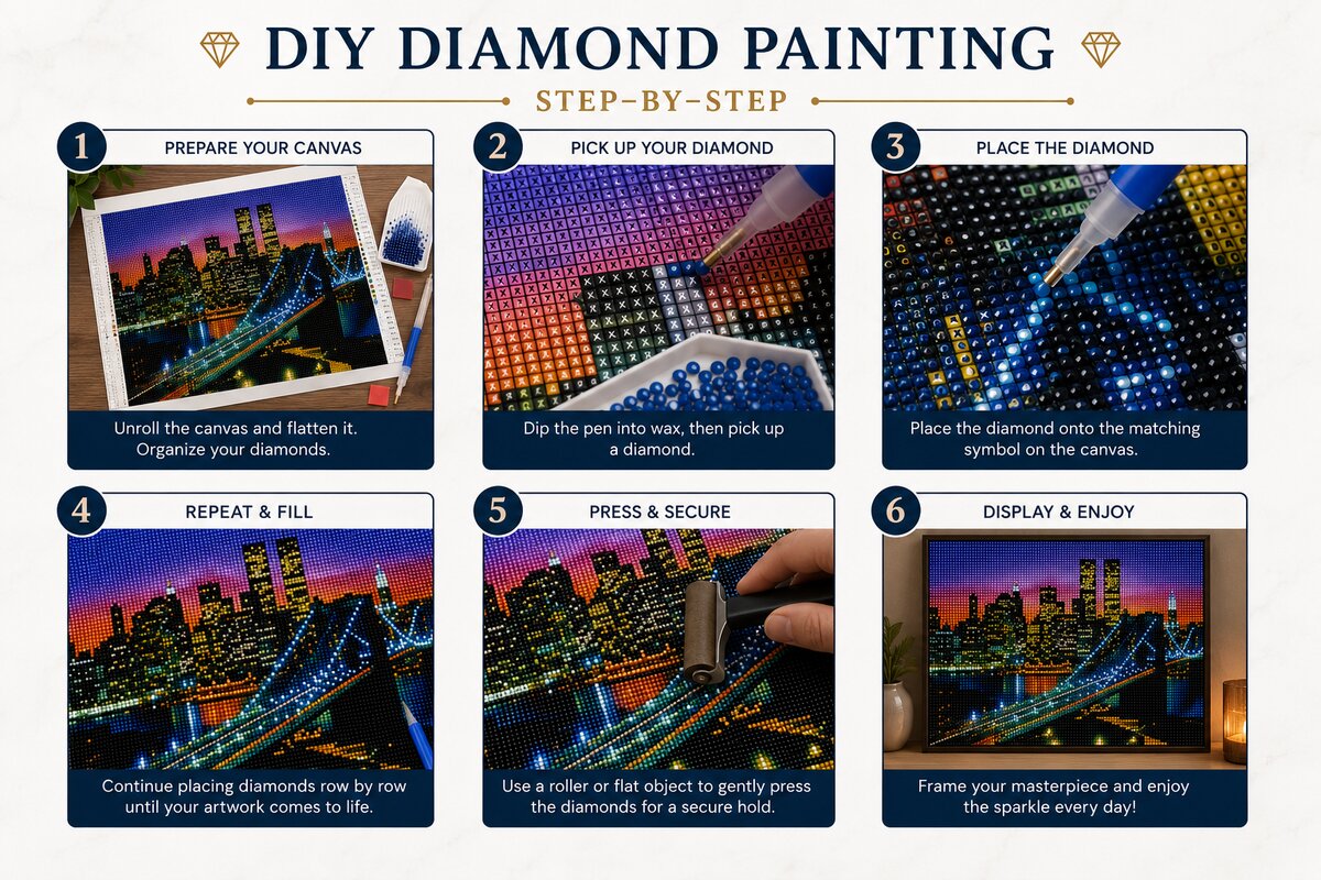 Step by step guide showing how to complete the New York Twin Towers night skyline diamond painting kit | Azurra Shop