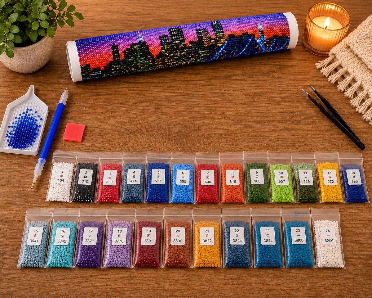 Rolled canvas and full supplies for the New York Twin Towers kit, including diamond packets and applicator pen | Azurra Shop