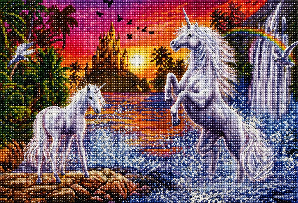 Finished unicorns by the waterfall diamond painting with two white unicorns at sunset, a castle, rainbow, and waterfall | Azurra Shop