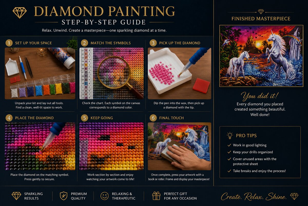 Six step instructions for completing a diamond painting kit from canvas setup to display | Azurra Shop