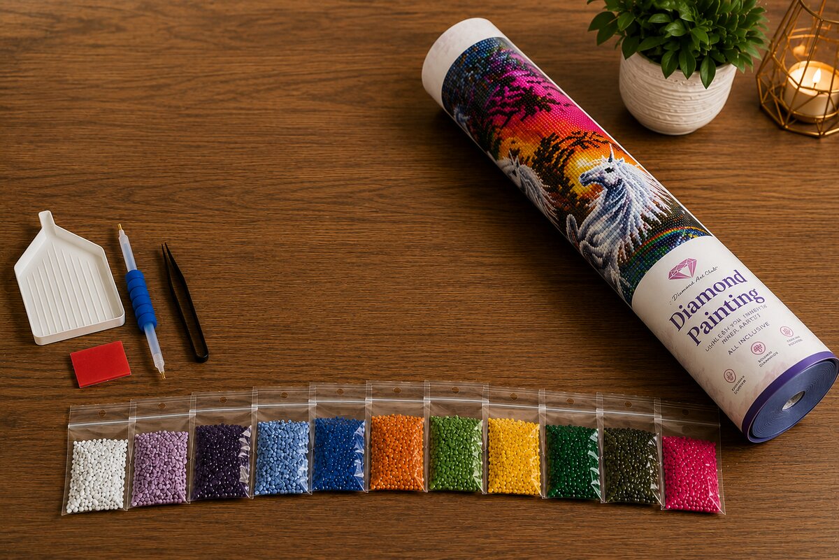 Diamond painting kit supplies including rolled canvas, sorted diamond bags, applicator pen, and tweezers | Azurra Shop