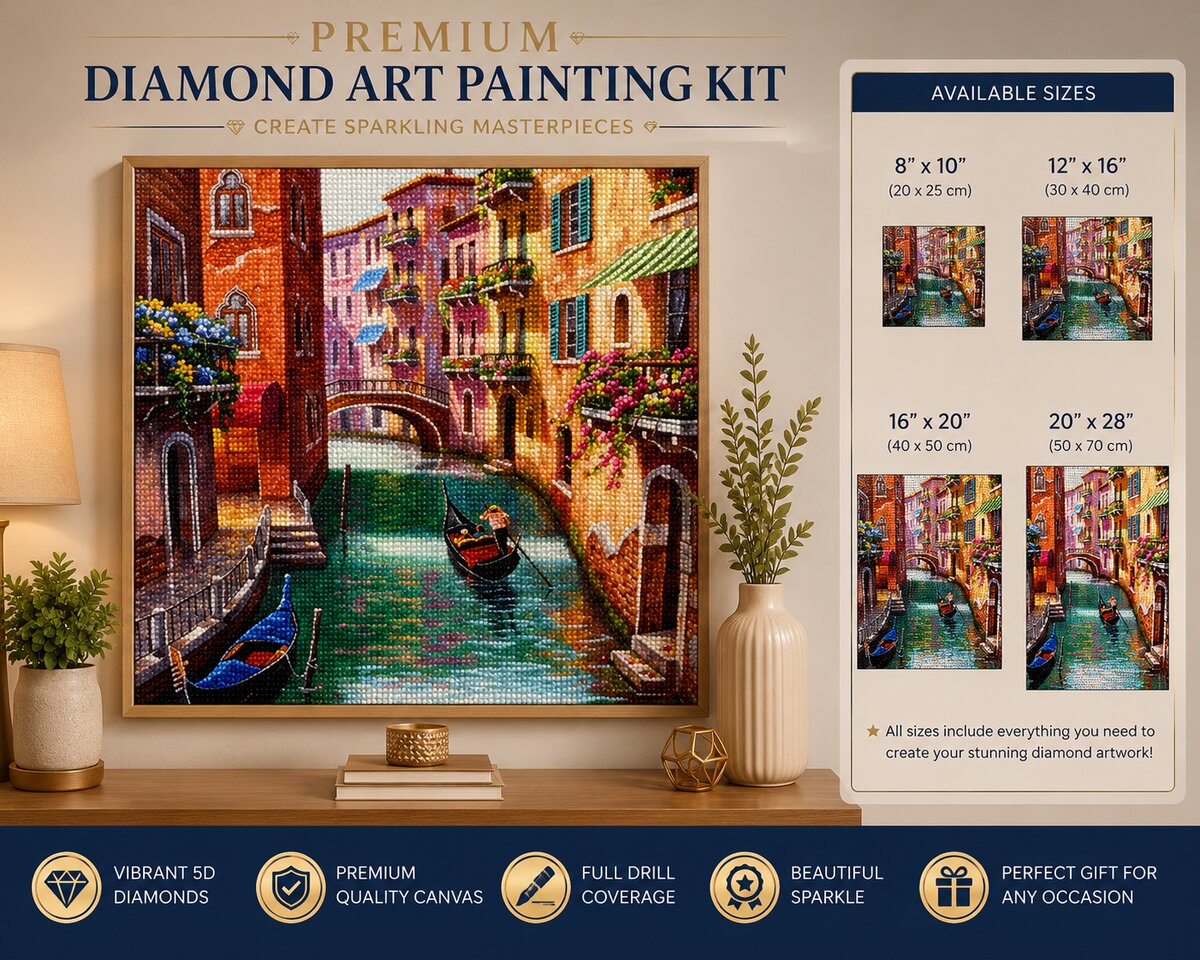 Venice diamond painting kit product graphic showing framed artwork and available sizes | Azurra Shop