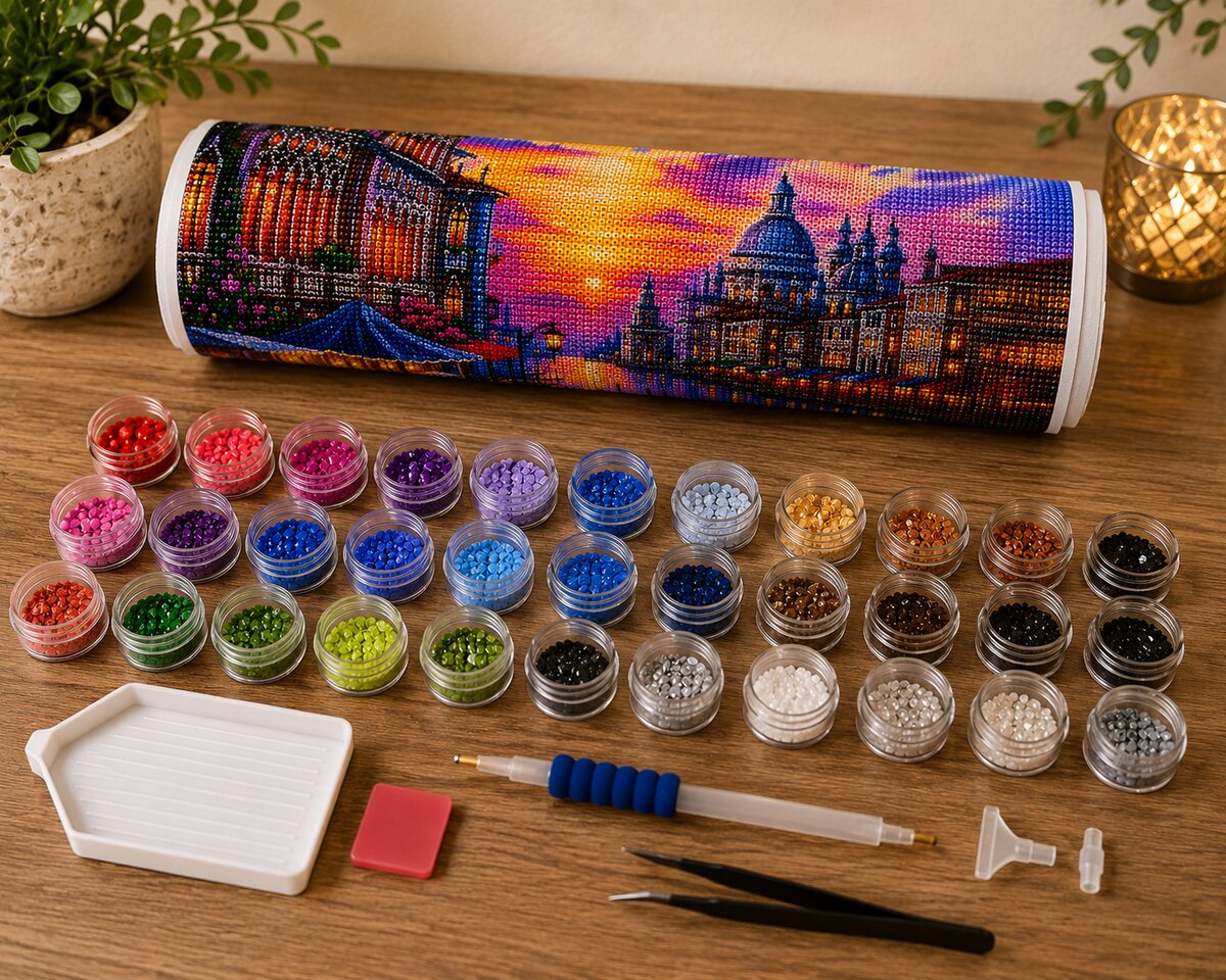 Rolled canvas and full supplies for the Venice Gondola kit, including diamond packets, applicator pen, and tray | Azurra Shop