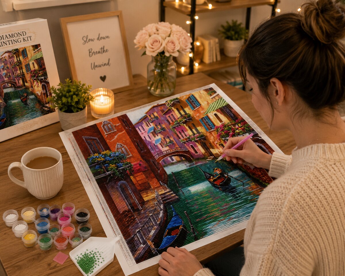 Working on the Venice diamond painting kit at a cozy desk | Azurra Shop