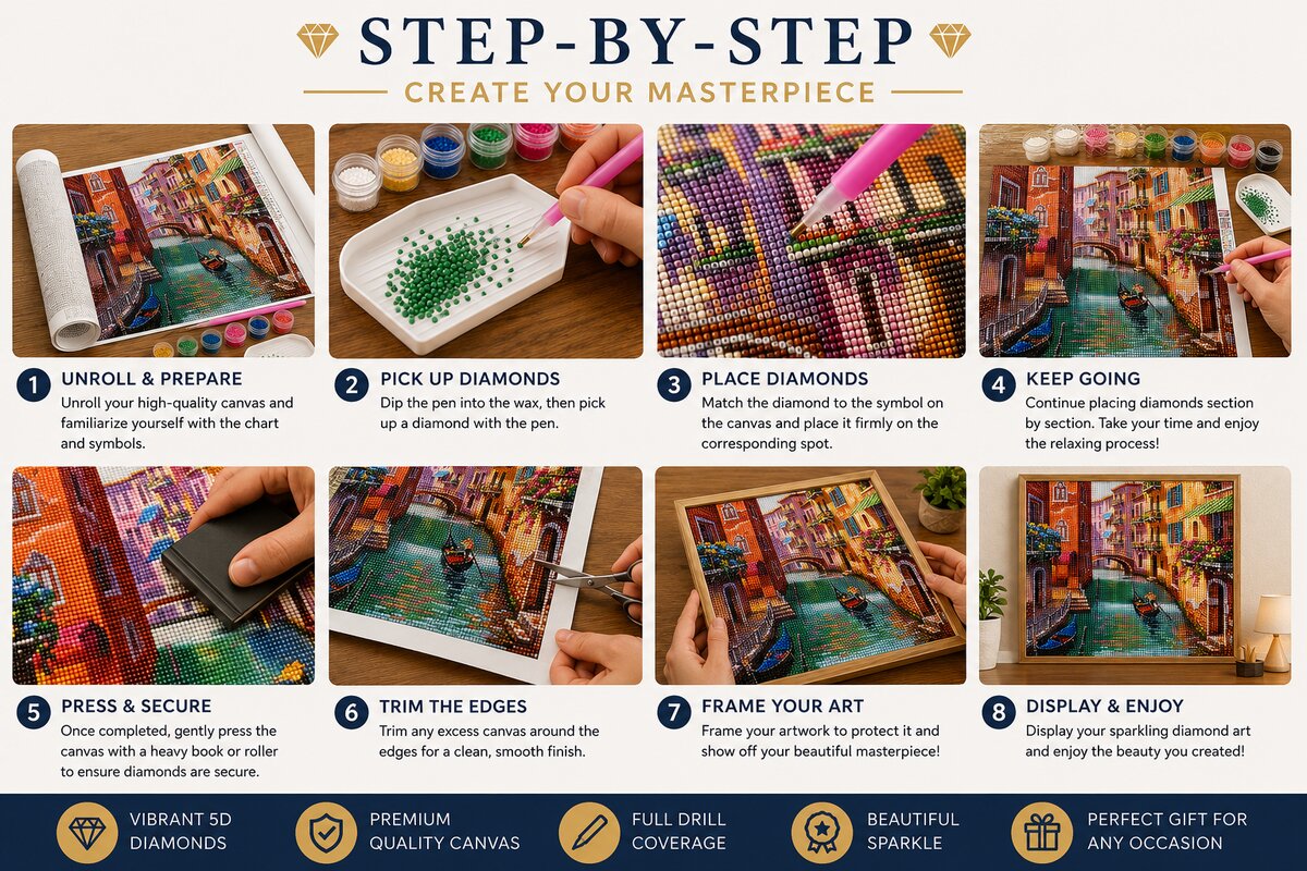 Step by step guide showing how to complete the Venice diamond painting kit | Azurra Shop