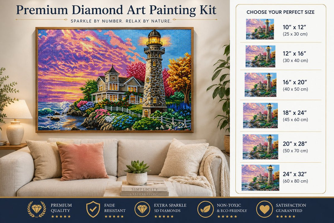 Framed Victorian lighthouse diamond painting displayed above a cream sofa in a warm living room | Azurra Shop