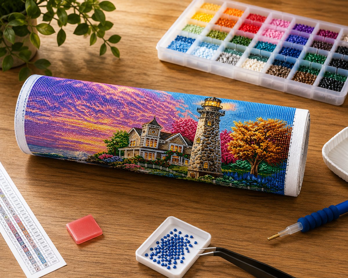 Rolled canvas and supplies for the Victorian lighthouse kit, including drill organizer, applicator pen, tweezers, and wax pad | Azurra Shop