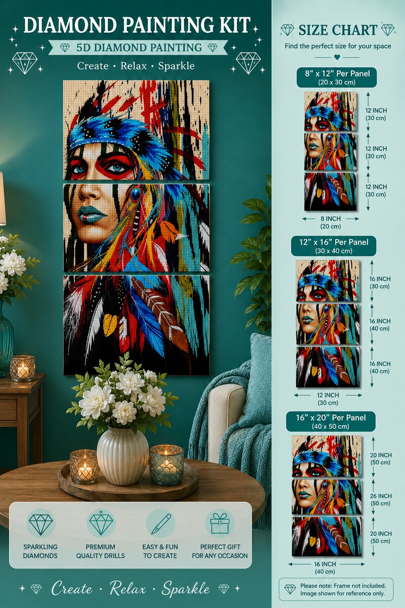 Three panel Native American woman diamond painting displayed on a teal wall above a table with candles and flowers, with a size chart showing 8 by 12 up to 16 by 20 inch per panel options | Azurra Shop