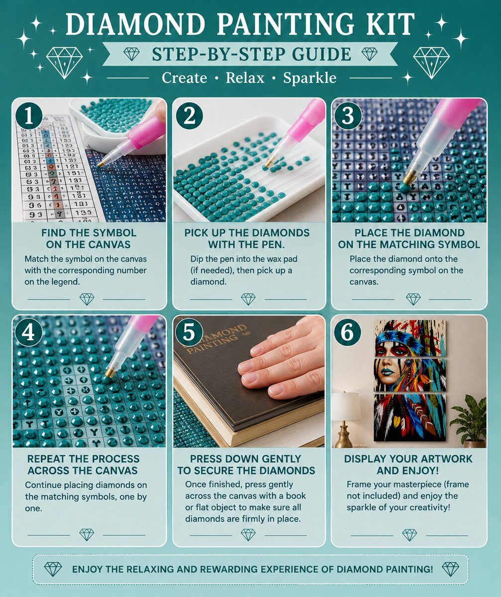 Six step instructions for completing a diamond painting kit from finding the symbol to displaying the finished art | Azurra Shop
