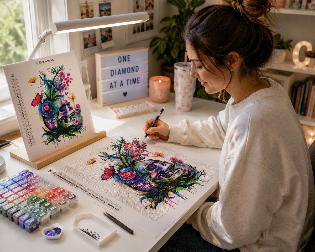 Working on the watercolor skull kit at a desk by a window with a canvas stand and rows of diamond trays | Azurra Shop