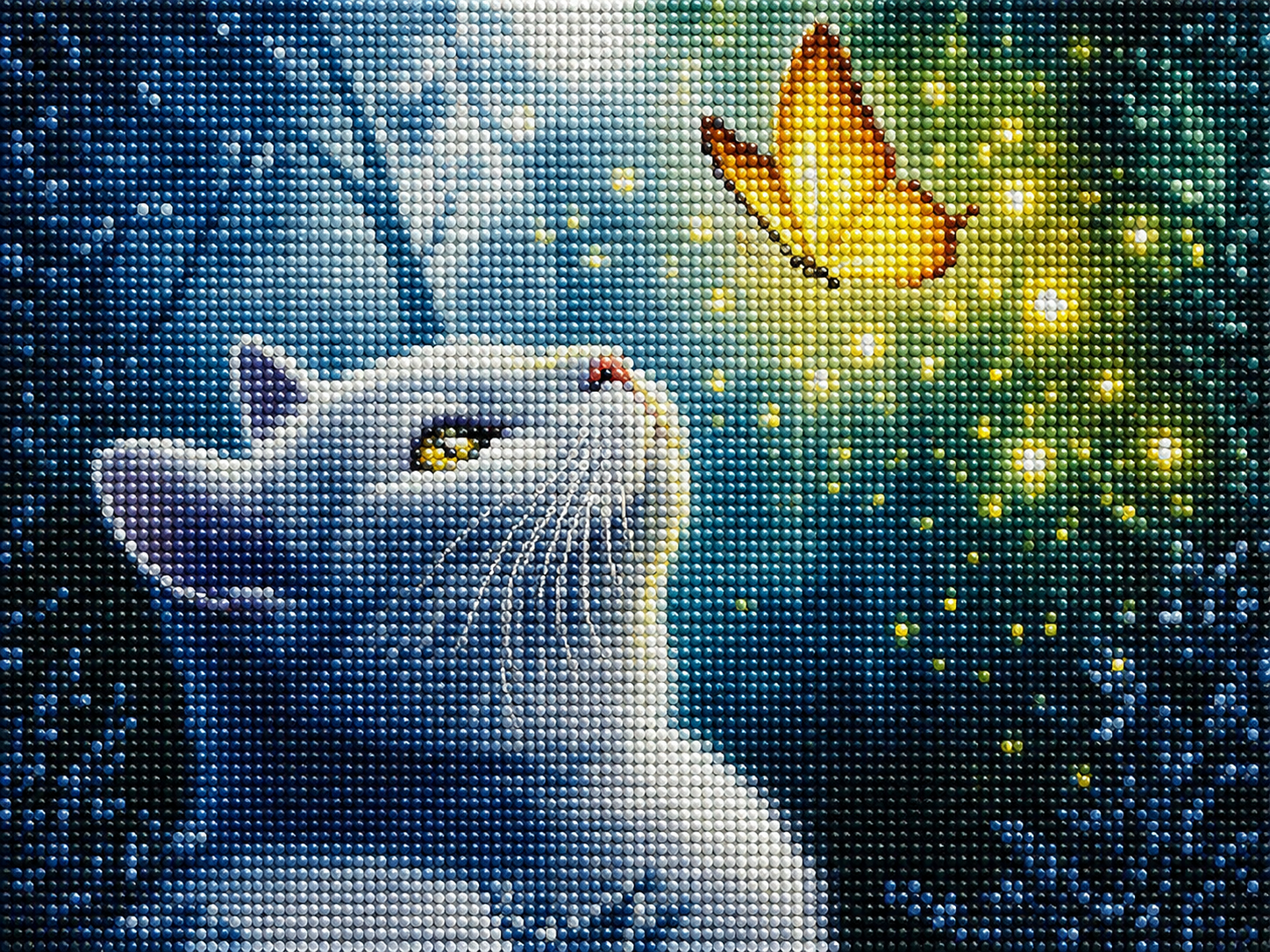 White Persian cat diamond painting kit close-up – fluffy white Persian cat with bright eyes gazing at a delicate butterfly, soft blurred background, sparkling full drill 5D resin diamond texture — Azurra Shop