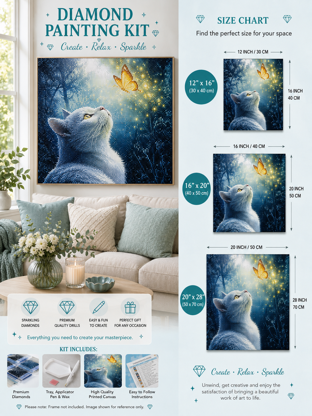 Tabby cat and butterfly diamond painting kit size chart – White Persian design, 3 sizes shown 12" x 16", 16" x 20", 20" x 28", framed finished white cat art displayed on living room wall, premium sparkling diamonds — Azurra Shop