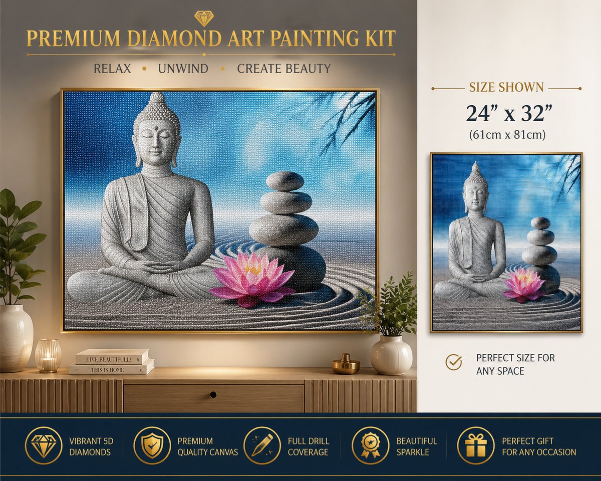 Rolled canvas and supplies for the pink lotus Buddha kit, including drills and applicator pen