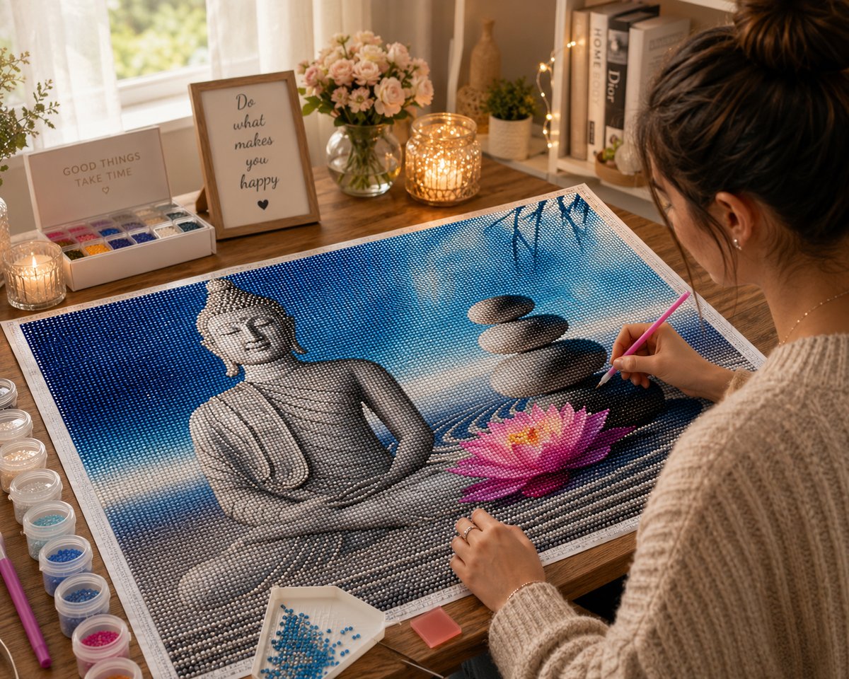 Working on the pink lotus Buddha kit at a cozy desk