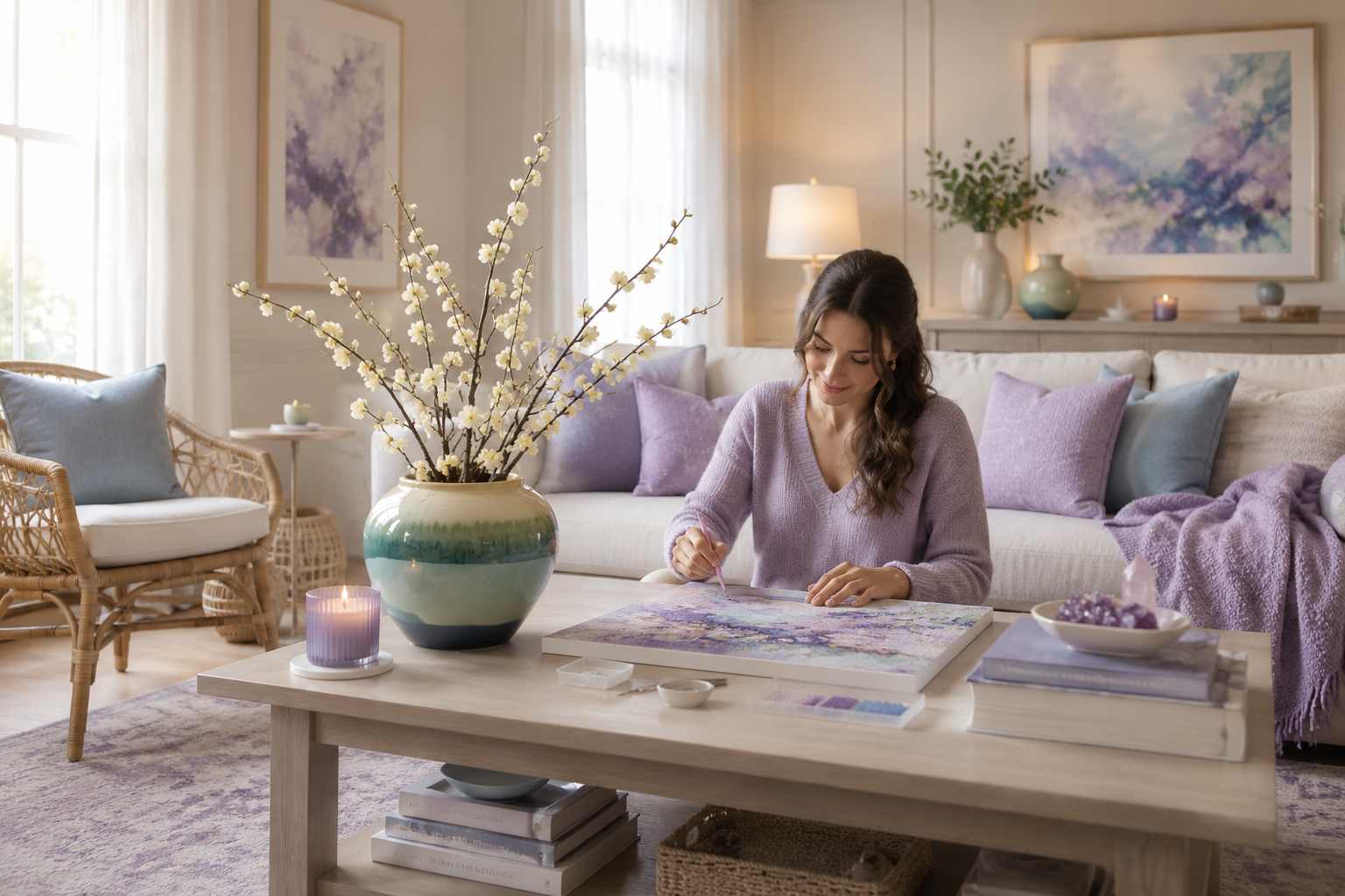 White plum blossom ceramic vase on coffee table in lavender boho living room with woman painting — Azurra Shop