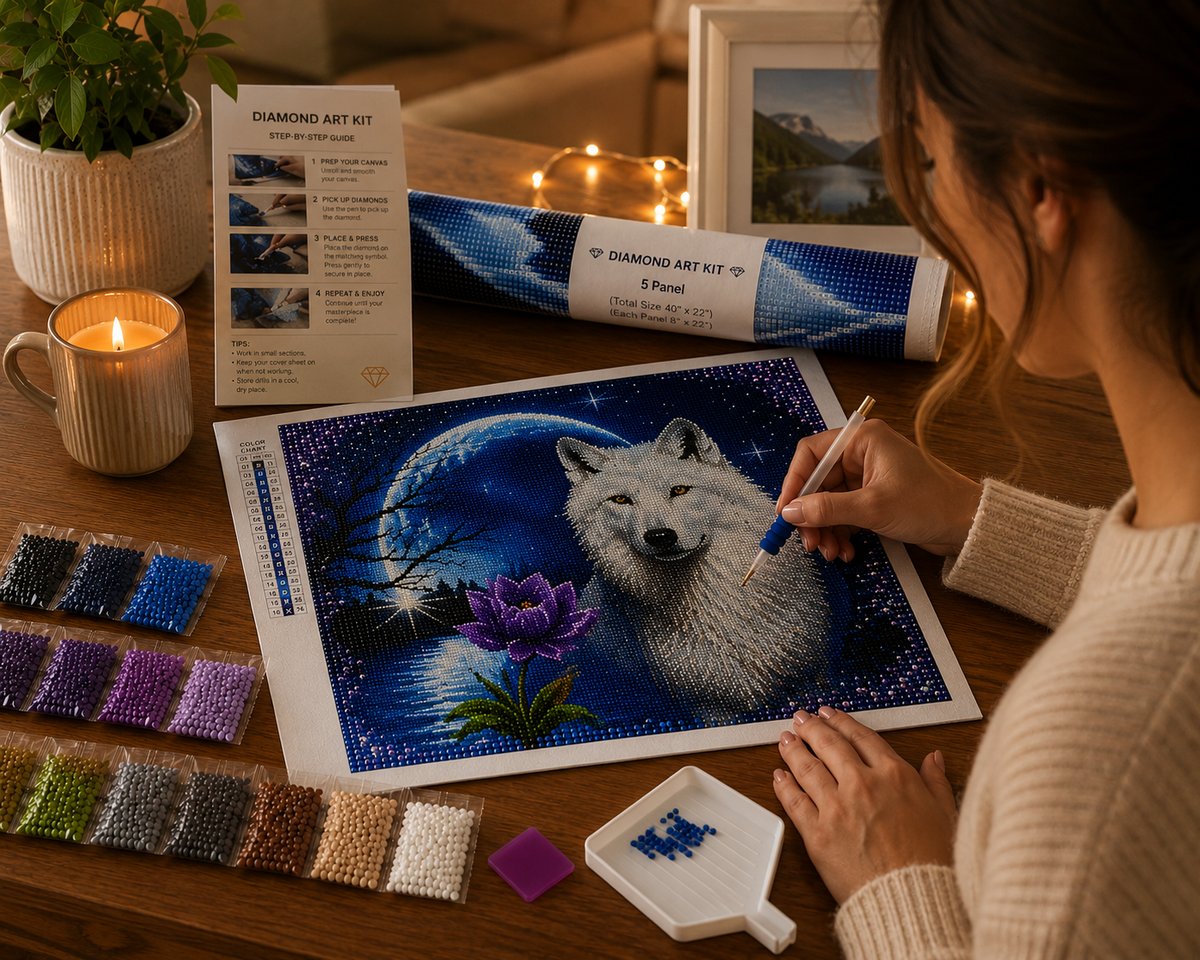 Working on the white wolf kit at a warm wooden table with drills, a candle, and fairy lights | Azurra Shop