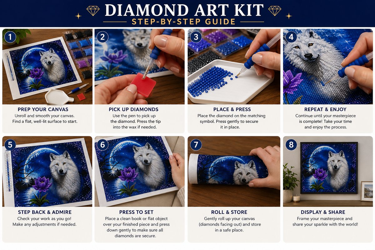 Eight step guide showing how to complete the white wolf diamond painting | Azurra Shop