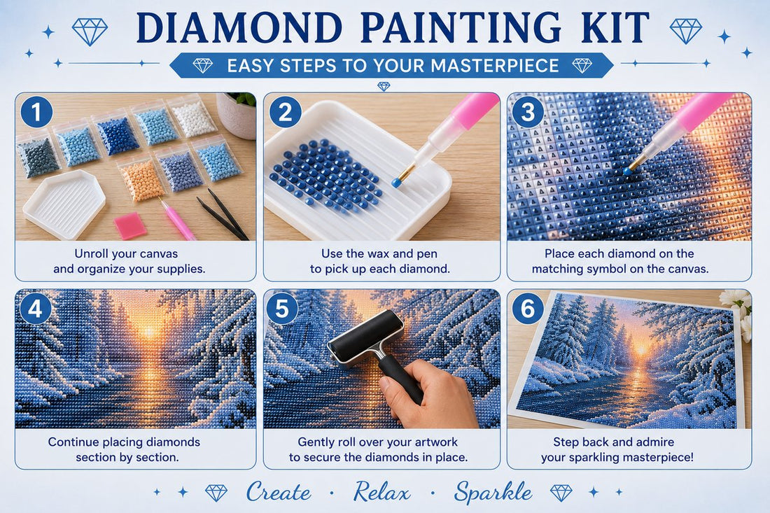 Step by step guide showing how to complete the winter sunset river diamond painting | Azurra Shop