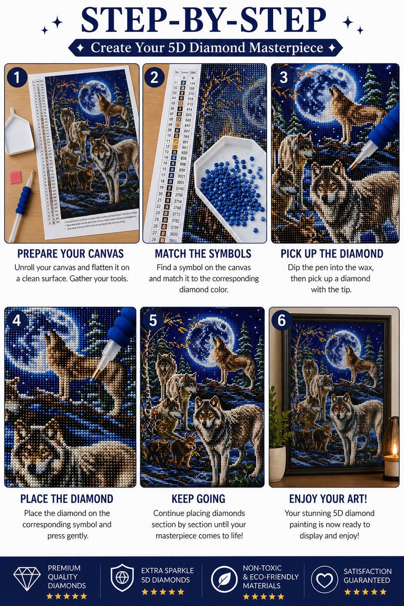Six step guide showing how to complete the wolf pack diamond painting | Azurra Shop