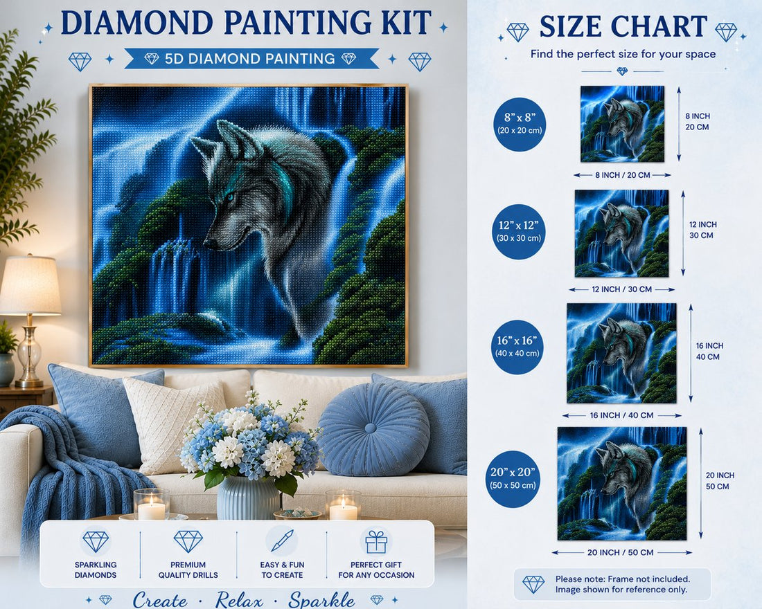 Framed mystical wolf and waterfall diamond painting displayed above a cream sofa with blue hydrangeas | Azurra Shop