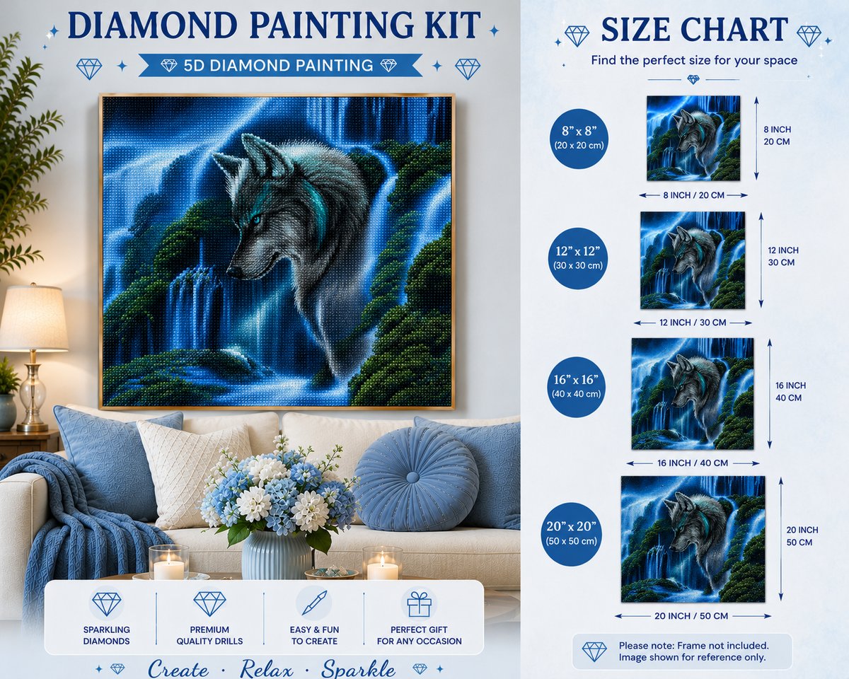 Framed mystical wolf and waterfall diamond painting displayed above a cream sofa with blue hydrangeas | Azurra Shop
