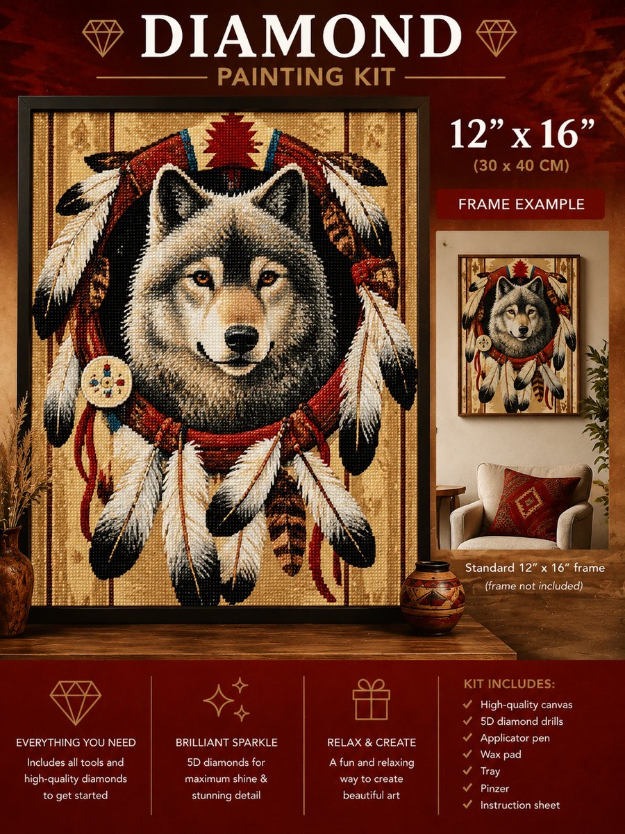 Framed wolf and dreamcatcher diamond painting displayed on a cream wall above an armchair | Azurra Shop
