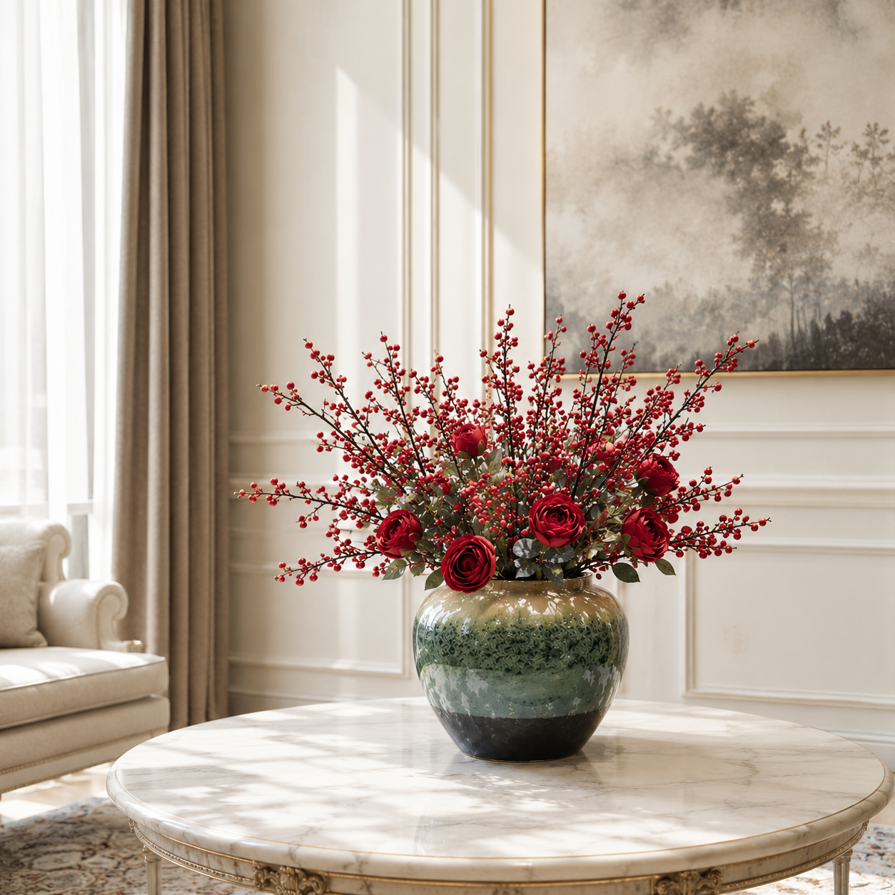 Red phoenix fruit and tea rose ceramic vase on marble round table in elegant cream living room with landscape artwork — Azurra Shop