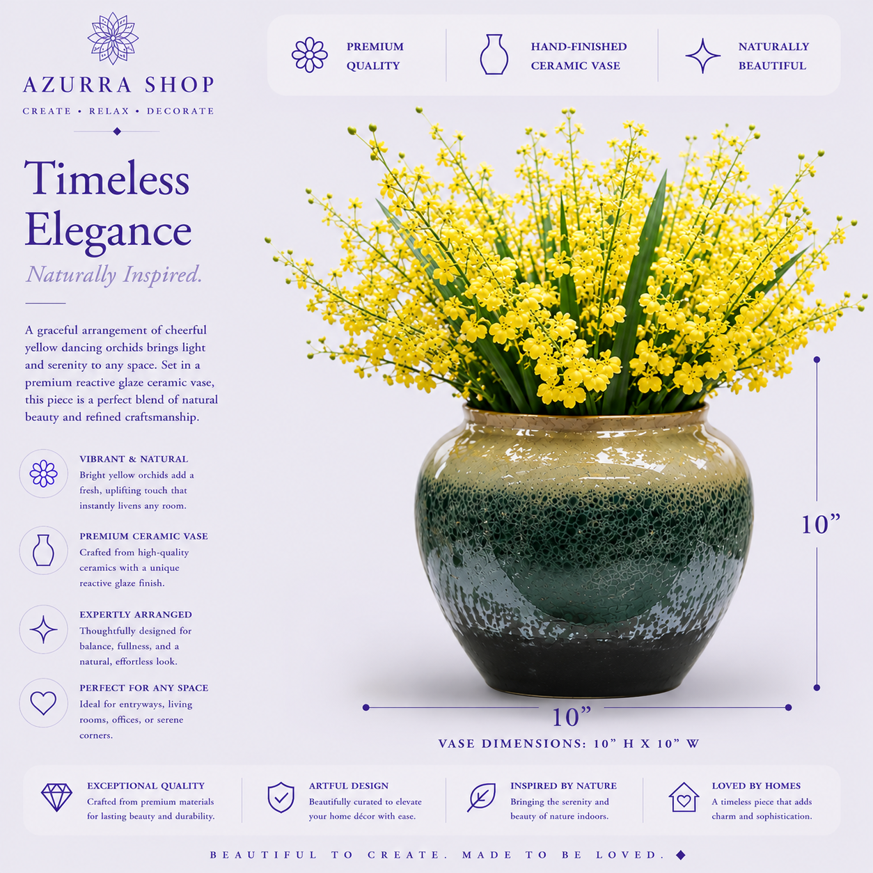 Yellow dancing orchid ceramic vase dimensions 10" H x 10" W with reactive glaze finish highlights — Azurra Shop