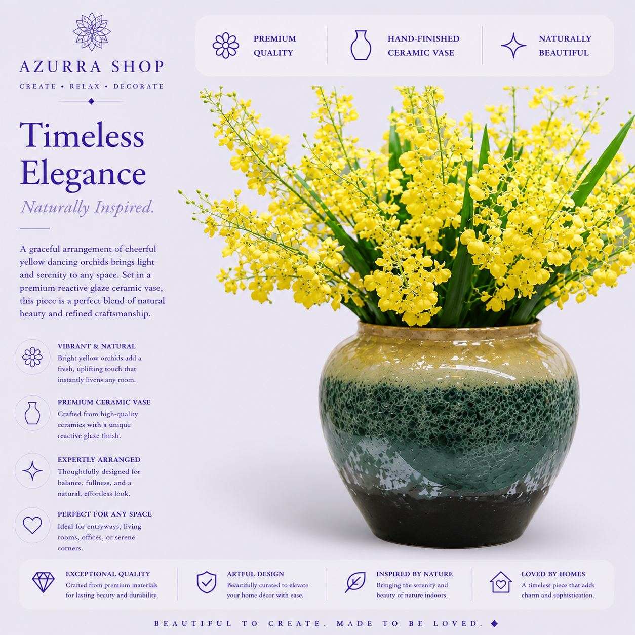 Yellow dancing Oncidium orchid arrangement with green iris leaves in reactive glaze gold to teal ceramic vase — Azurra Shop