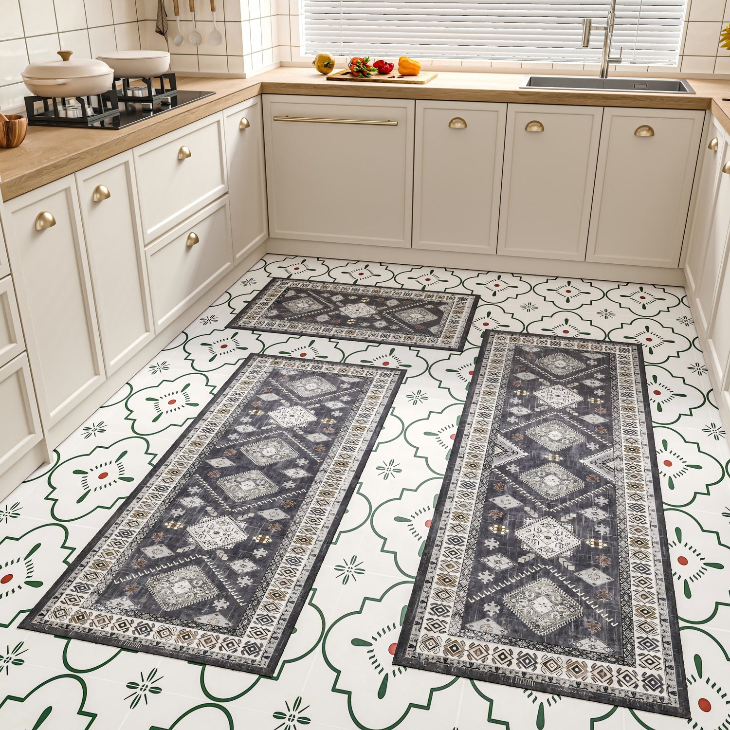 Boho Kitchen Rug Set — 3 Piece Faux Wool with Runner