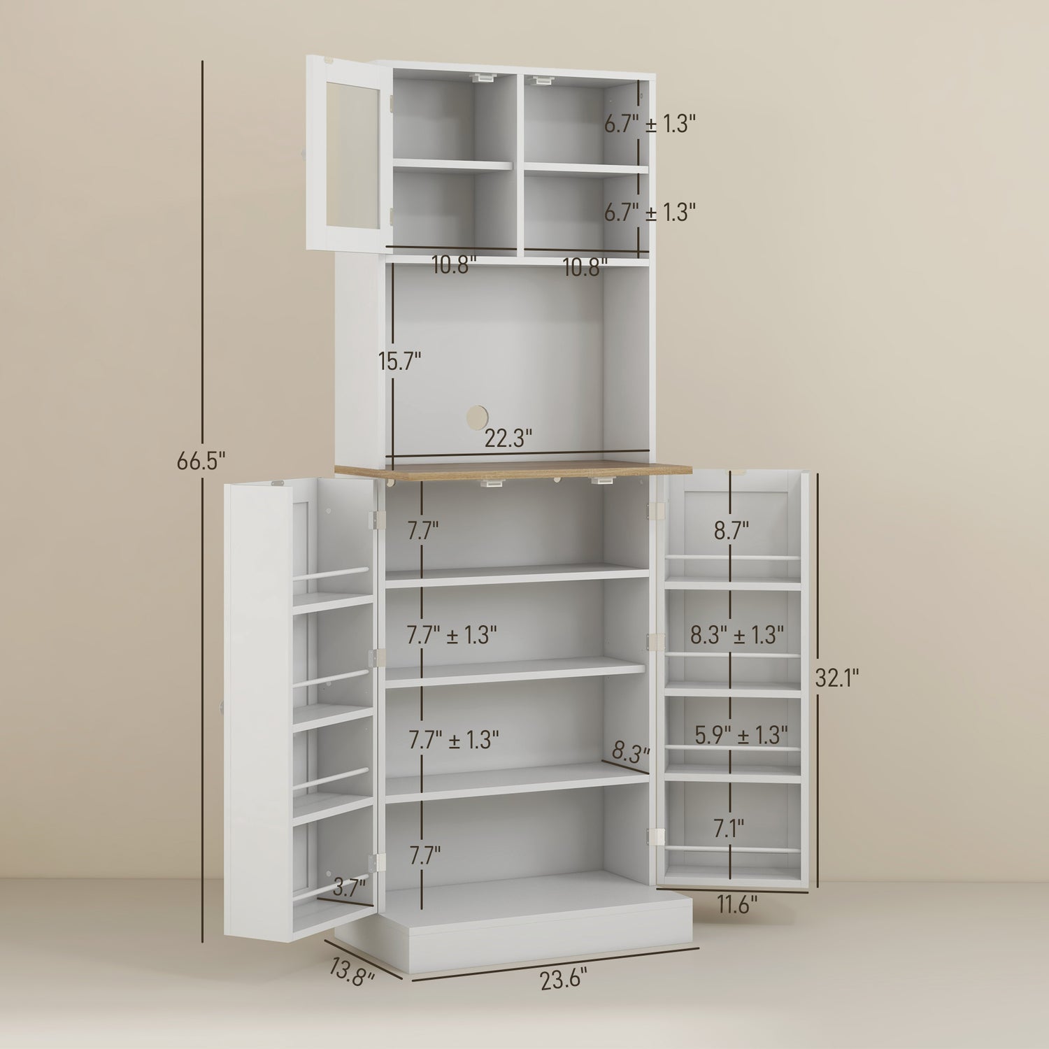 66.5" White Kitchen Pantry Cabinet with Glass Doors