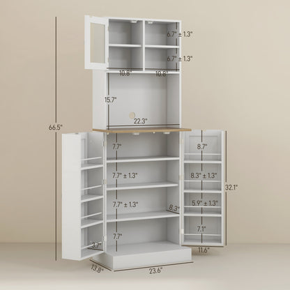 66.5" White Kitchen Pantry Cabinet with Glass Doors