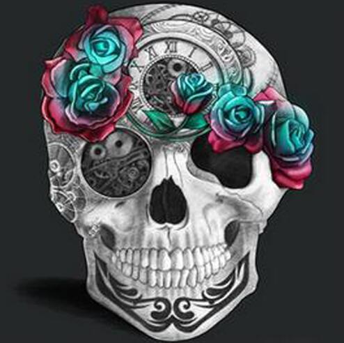 Gothic clock sugar skull diamond painting kit — teal roses, red borders, Day of the Dead design, full drill DIY art — Azurra Shop