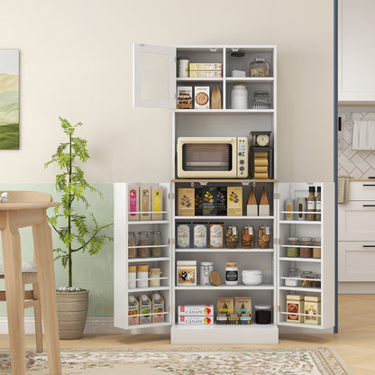 66.5" White Kitchen Pantry Cabinet with Glass Doors
